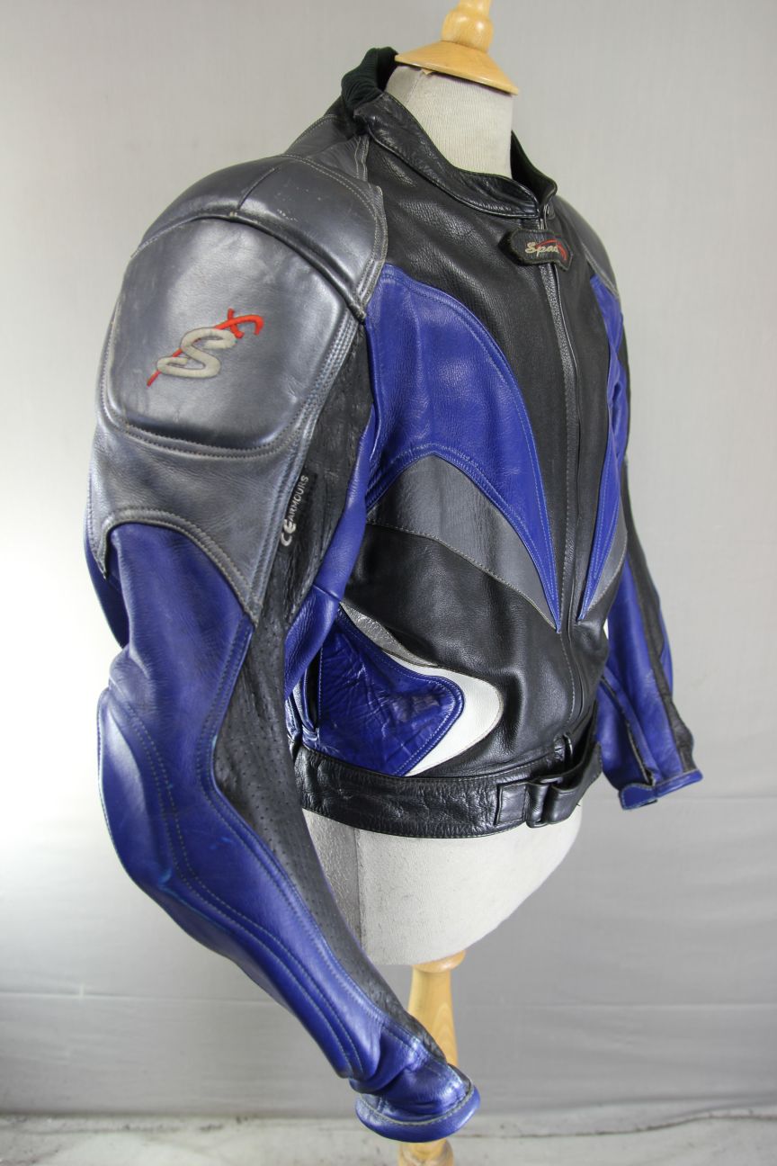 SPADA BLACK, BLUE & SILVER LEATHER BIKER JACKET WITH CE ARMOUR 40 INCH