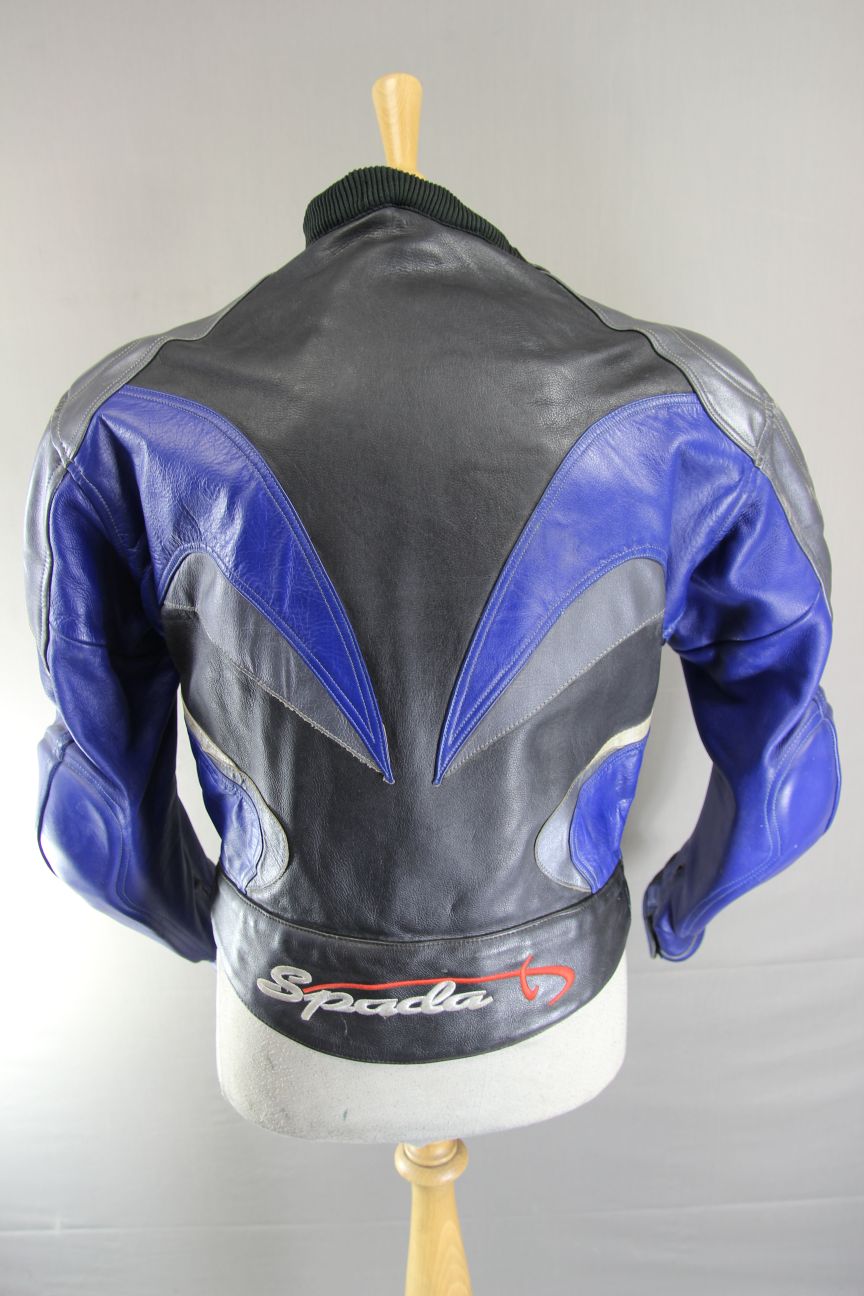SPADA BLACK, BLUE & SILVER LEATHER BIKER JACKET WITH CE ARMOUR 40 INCH