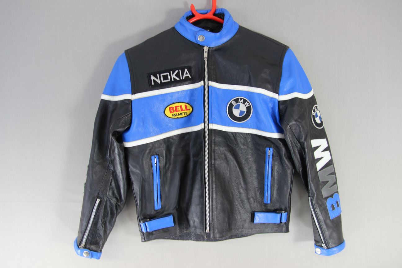 BOY'S/CHILD'S 'BMW' BLACK, BLUE & WHITE NORFOLK LEATHER CENTER BIKER JACKET 34IN