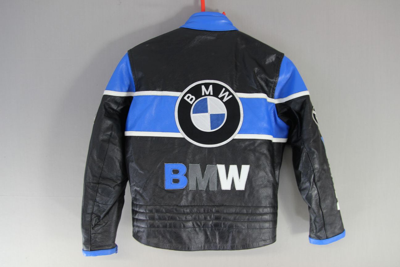 BOY'S/CHILD'S 'BMW' BLACK, BLUE & WHITE NORFOLK LEATHER CENTER BIKER JACKET 34IN