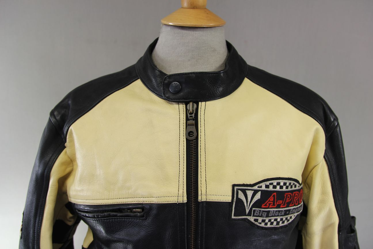 AMERICAN PRO BLACK & CREAM LEATHER BIKER JACKET WITH CE ARMOUR 42 INCH/LARGE