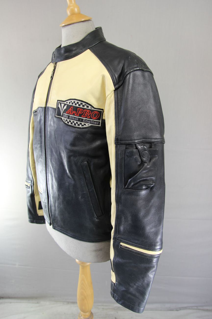 AMERICAN PRO BLACK & CREAM LEATHER BIKER JACKET WITH CE ARMOUR 42 INCH/LARGE