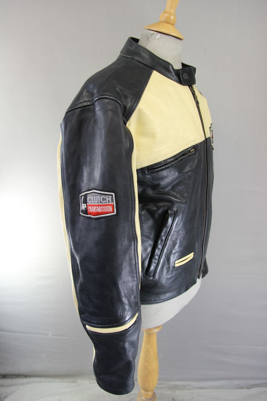 AMERICAN PRO BLACK & CREAM LEATHER BIKER JACKET WITH CE ARMOUR 42 INCH/LARGE