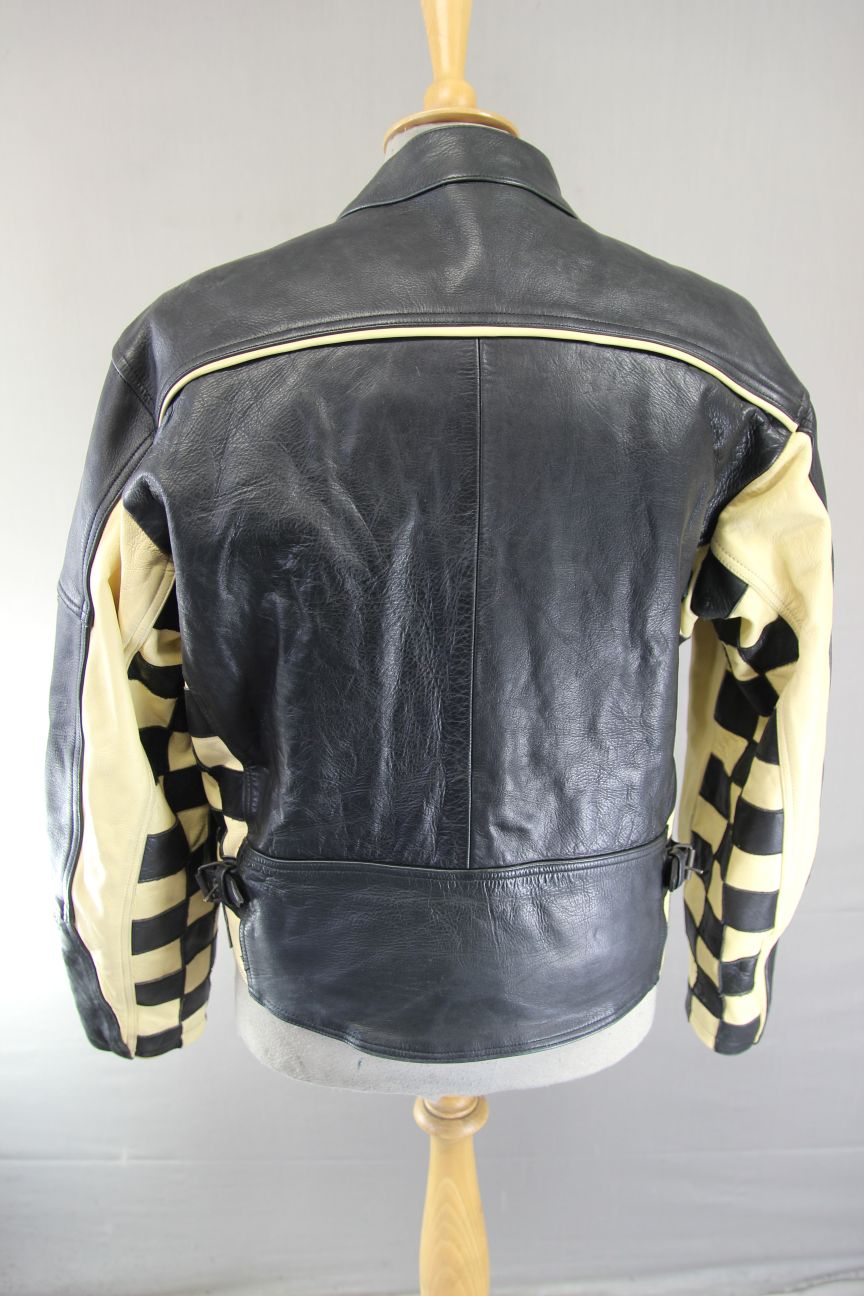 AMERICAN PRO BLACK & CREAM LEATHER BIKER JACKET WITH CE ARMOUR 42 INCH/LARGE