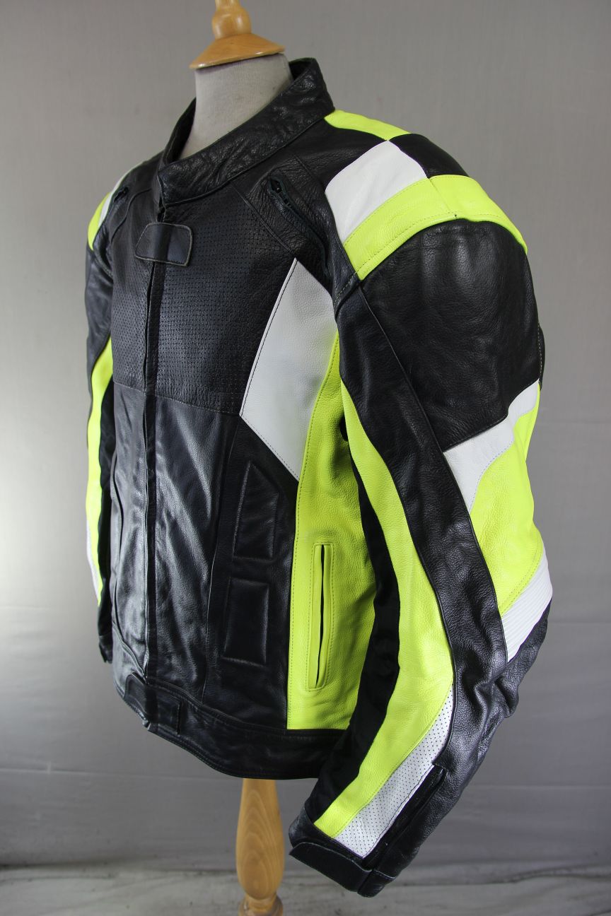 TEXPEED BLACK, GREEN & WHITE LEATHER BIKER JACKET WITH CE ARMOUR 50-52 INCH/5XL