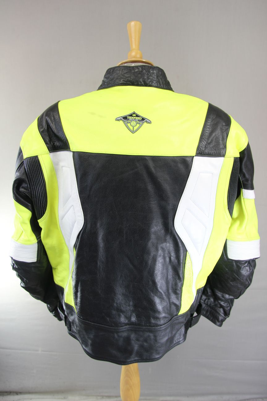 TEXPEED BLACK, GREEN & WHITE LEATHER BIKER JACKET WITH CE ARMOUR 50-52 INCH/5XL