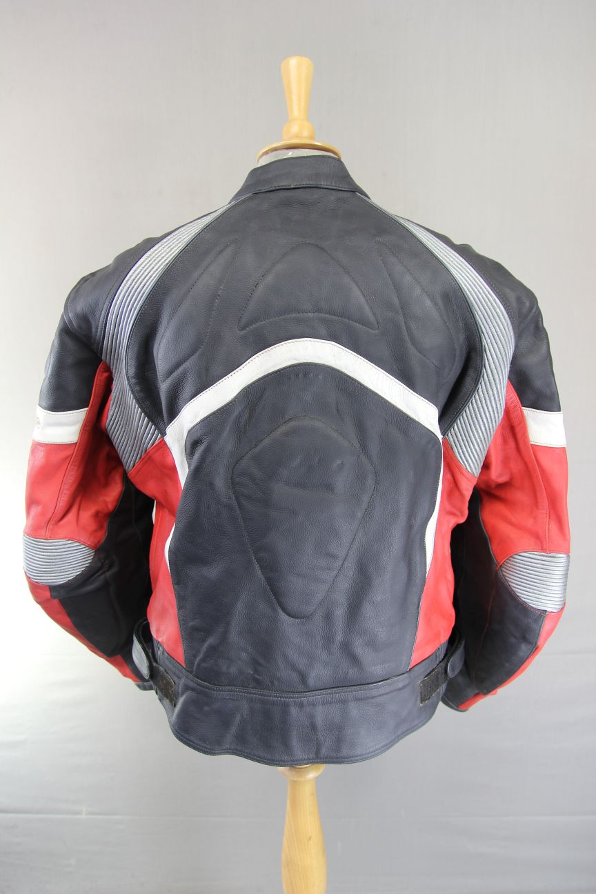 BUFFALO BLACK, RED, SILVER & WHITE LEATHER BIKER JACKET + KNOX CE ARMOUR 46 INCH