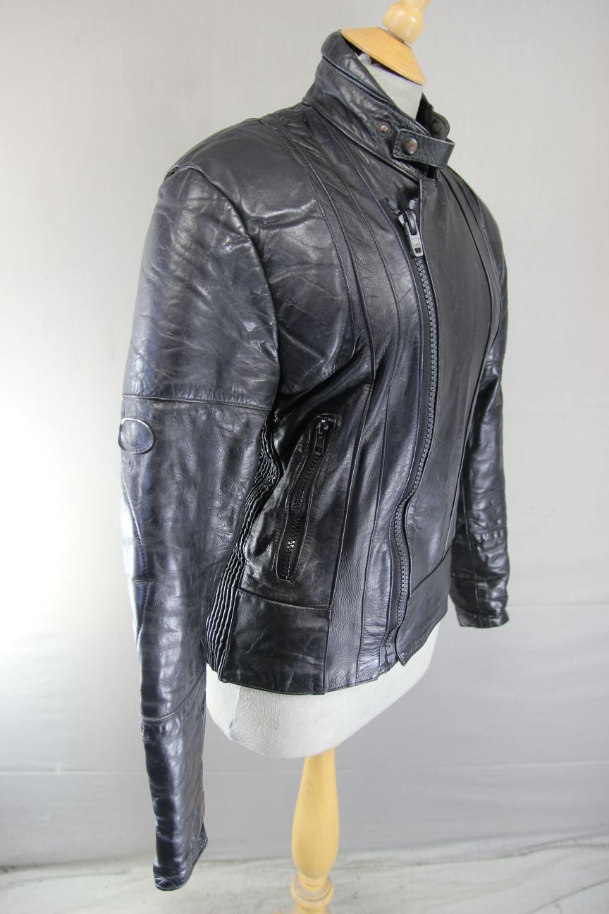 FRANK THOMAS RAWHIDE BLACK STEERHIDE LEATHER BIKER JACKET 34-36 INCH