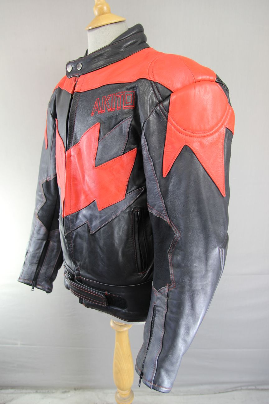 AKITO BLACK, RED & SILVER LEATHER BIKER JACKET WITH REMOVABLE PROTECTORS 42 INCH