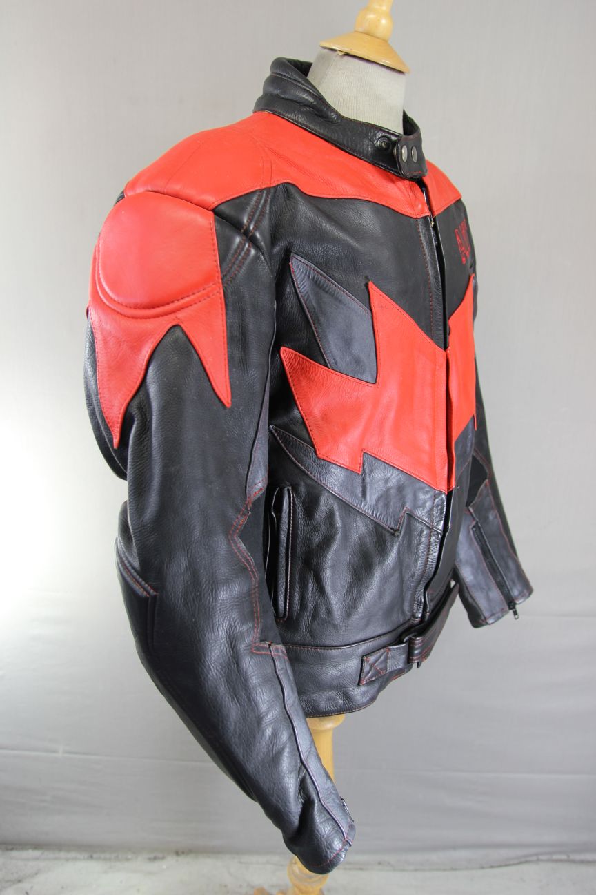 AKITO BLACK, RED & SILVER LEATHER BIKER JACKET WITH REMOVABLE PROTECTORS 42 INCH