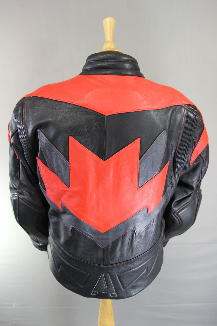 AKITO BLACK, RED & SILVER LEATHER BIKER JACKET WITH REMOVABLE PROTECTORS 42 INCH