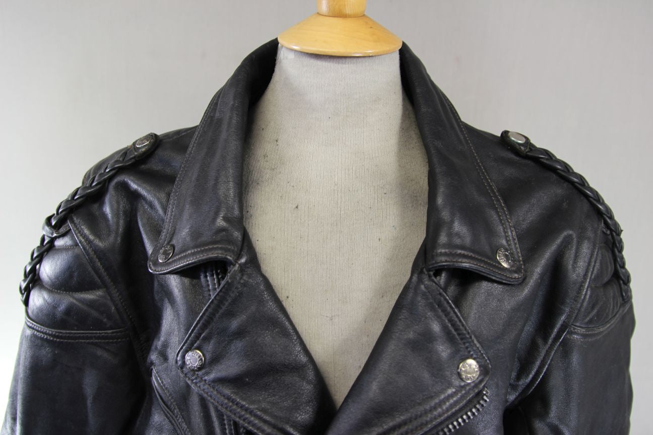 VINTAGE 70'S PUNK ROCK STYLE FIELDSHEER RETRO BLACK LEATHER BIKER JCKT 44-46"/XL