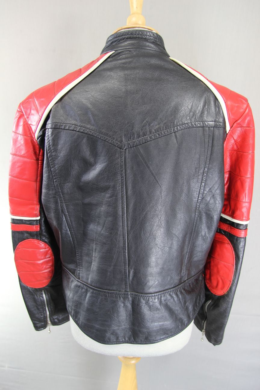 VINTAGE 1970's BLACK, RED & WHITE LEATHER BIKER JACKET 40 INCH CHEST