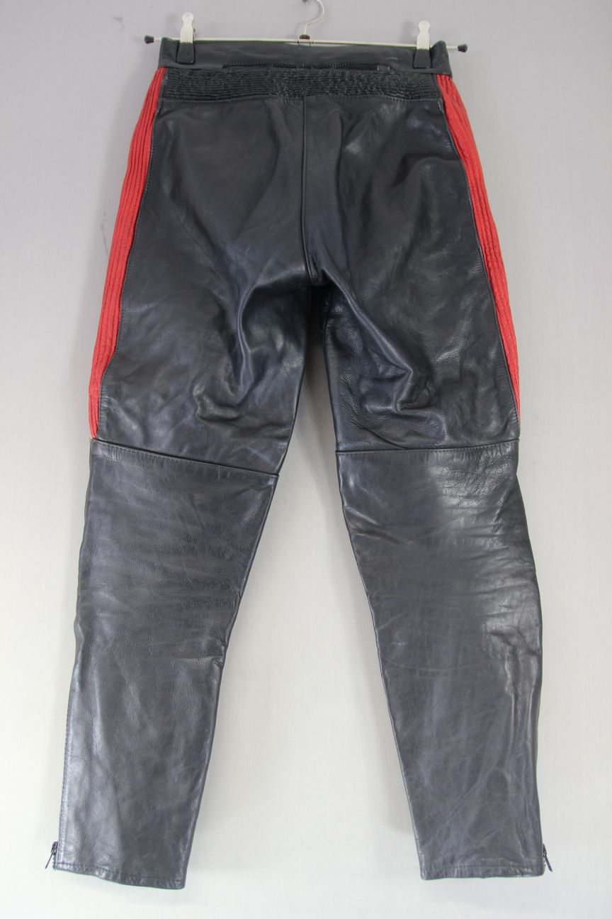 VINTAGE KETT BLACK & RED COWHIDE LEATHER BIKER TROUSERS SIZE 10 WAIST 28/LEG 28"
