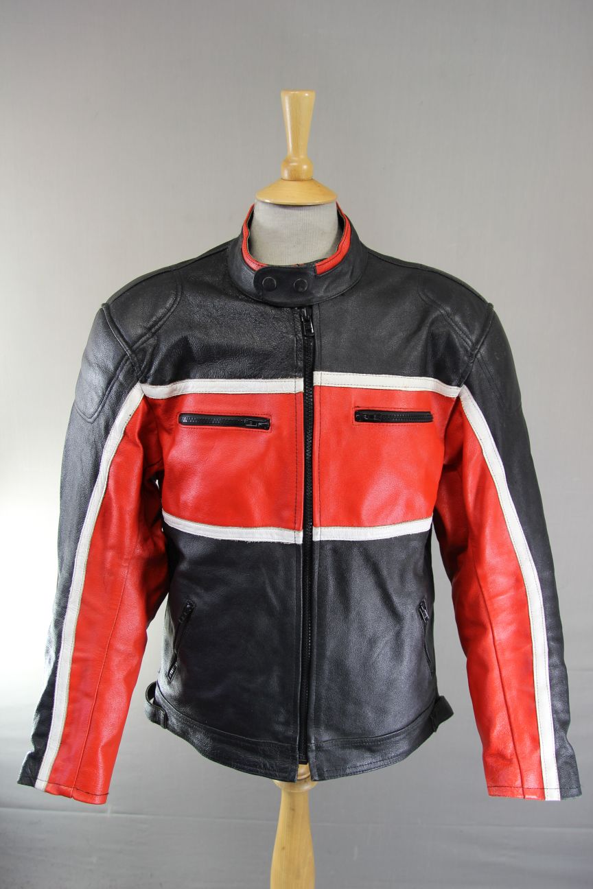 BLACK, RED & WHITE LEATHER BIKER JACKET + BACK, SHOULDER & ELBOW PROTECTORS 42IN