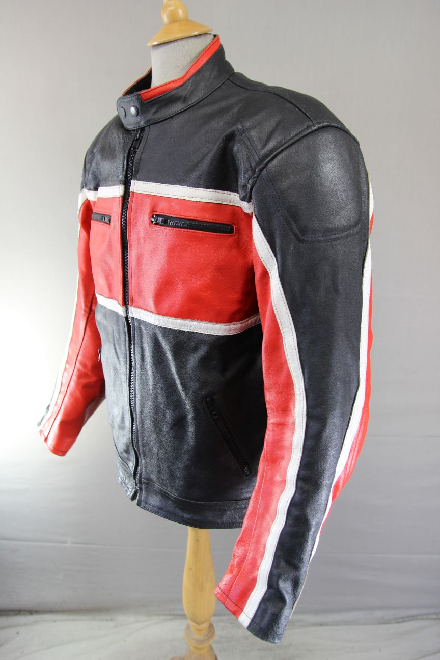 BLACK, RED & WHITE LEATHER BIKER JACKET + BACK, SHOULDER & ELBOW PROTECTORS 42IN