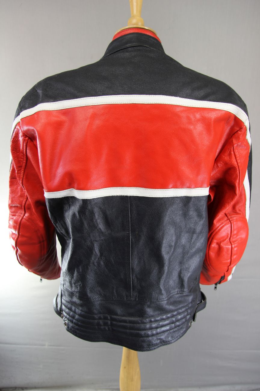 BLACK, RED & WHITE LEATHER BIKER JACKET + BACK, SHOULDER & ELBOW PROTECTORS 42IN