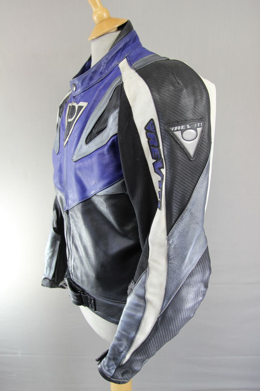 REV'IT! BLACK, BLUE, SILVER & WHITE LEATHER BIKER JACKET WITH CE ARMOUR 40 INCH