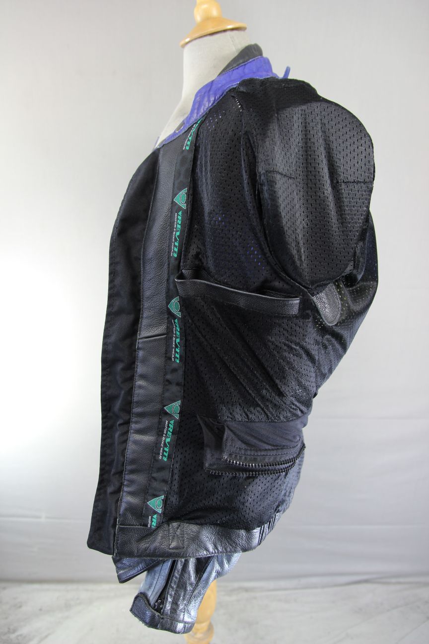 REV'IT! BLACK, BLUE, SILVER & WHITE LEATHER BIKER JACKET WITH CE ARMOUR 40 INCH