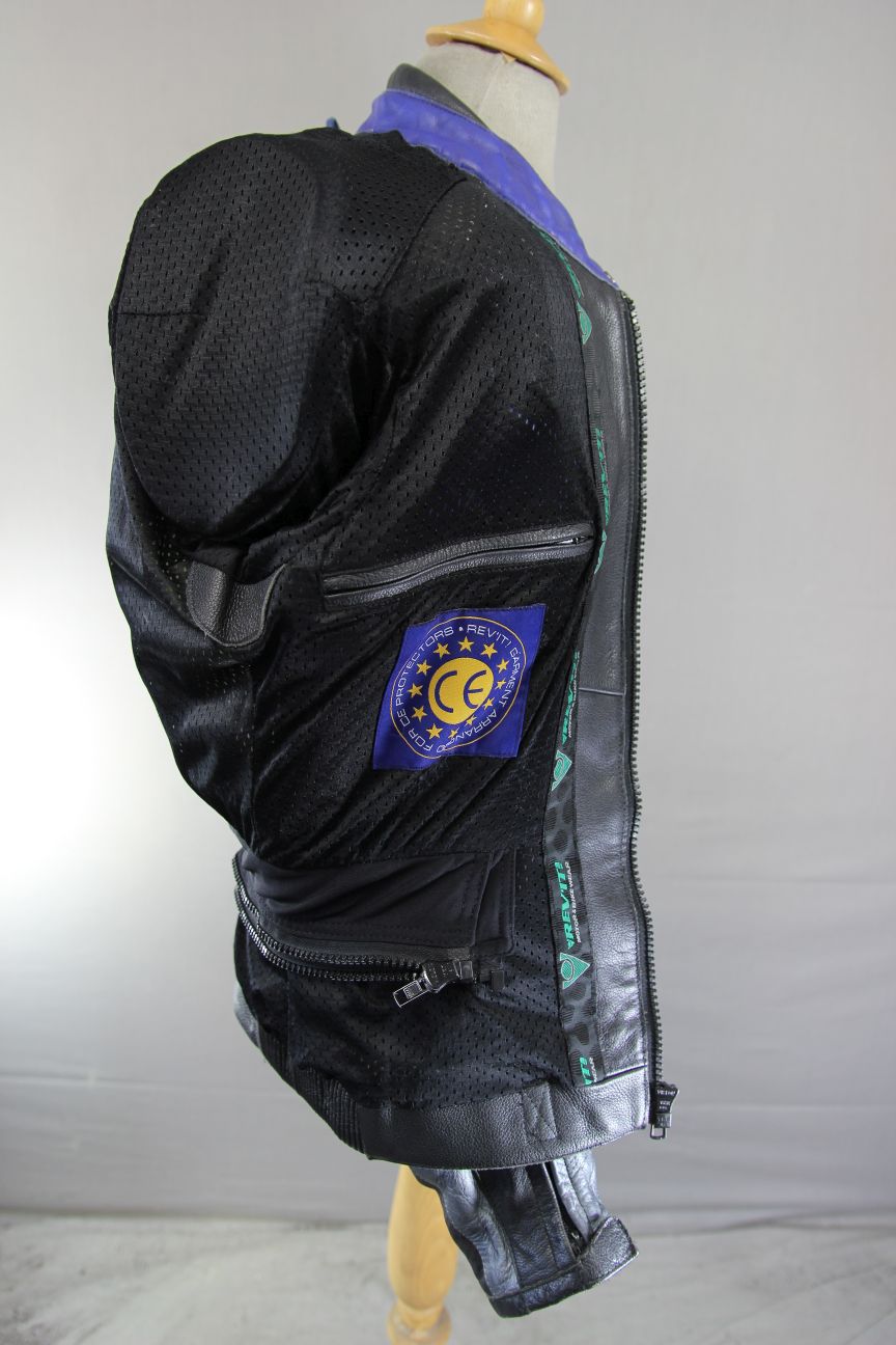 REV'IT! BLACK, BLUE, SILVER & WHITE LEATHER BIKER JACKET WITH CE ARMOUR 40 INCH