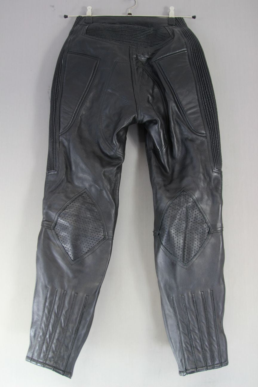 ASHMAN BLACK COWHIDE LEATHER BIKER TROUSERS SIZE 10 WAIST 26 IN/INSIDE LEG 29 IN