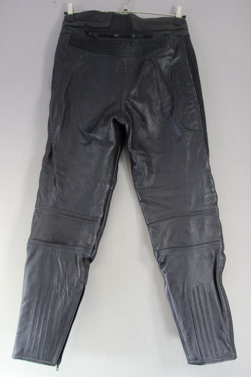 RHINO BLACK COWHIDE LEATHER BIKER TROUSERS SIZE 14: WAIST 30 IN/INSIDE LEG 30 IN