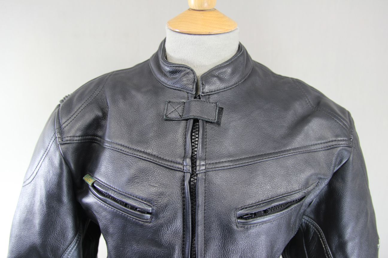 ACE LEATHERS BLACK & SILVER BIKER JACKET WITH REMOVABLE CE ARMOUR: SIZE 12-14