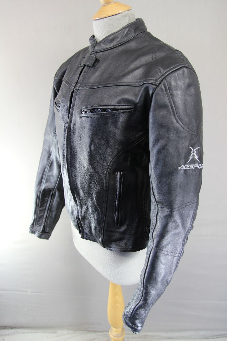 ACE LEATHERS BLACK & SILVER BIKER JACKET WITH REMOVABLE CE ARMOUR: SIZE 12-14