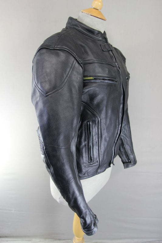 ACE LEATHERS BLACK & SILVER BIKER JACKET WITH REMOVABLE CE ARMOUR: SIZE 12-14