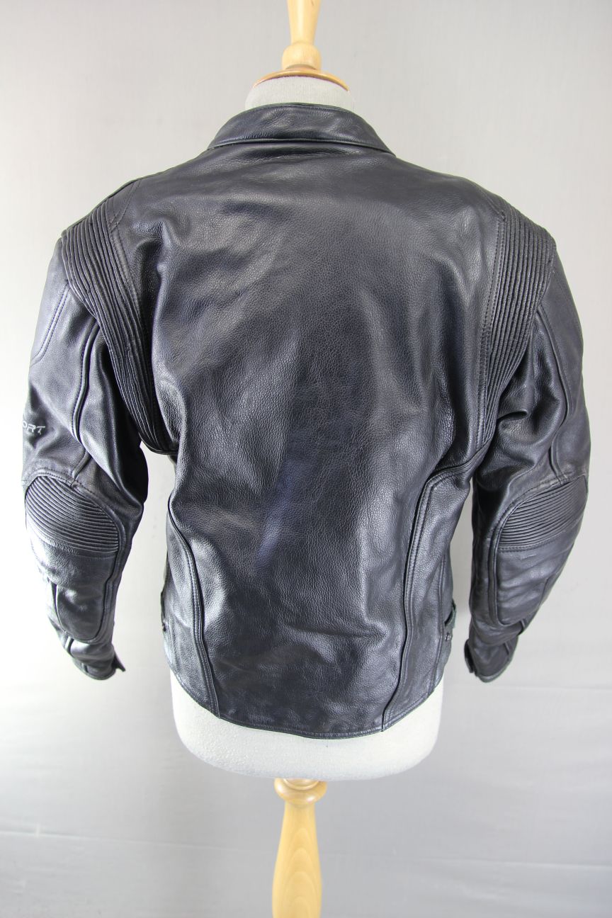 ACE LEATHERS BLACK & SILVER BIKER JACKET WITH REMOVABLE CE ARMOUR: SIZE 12-14