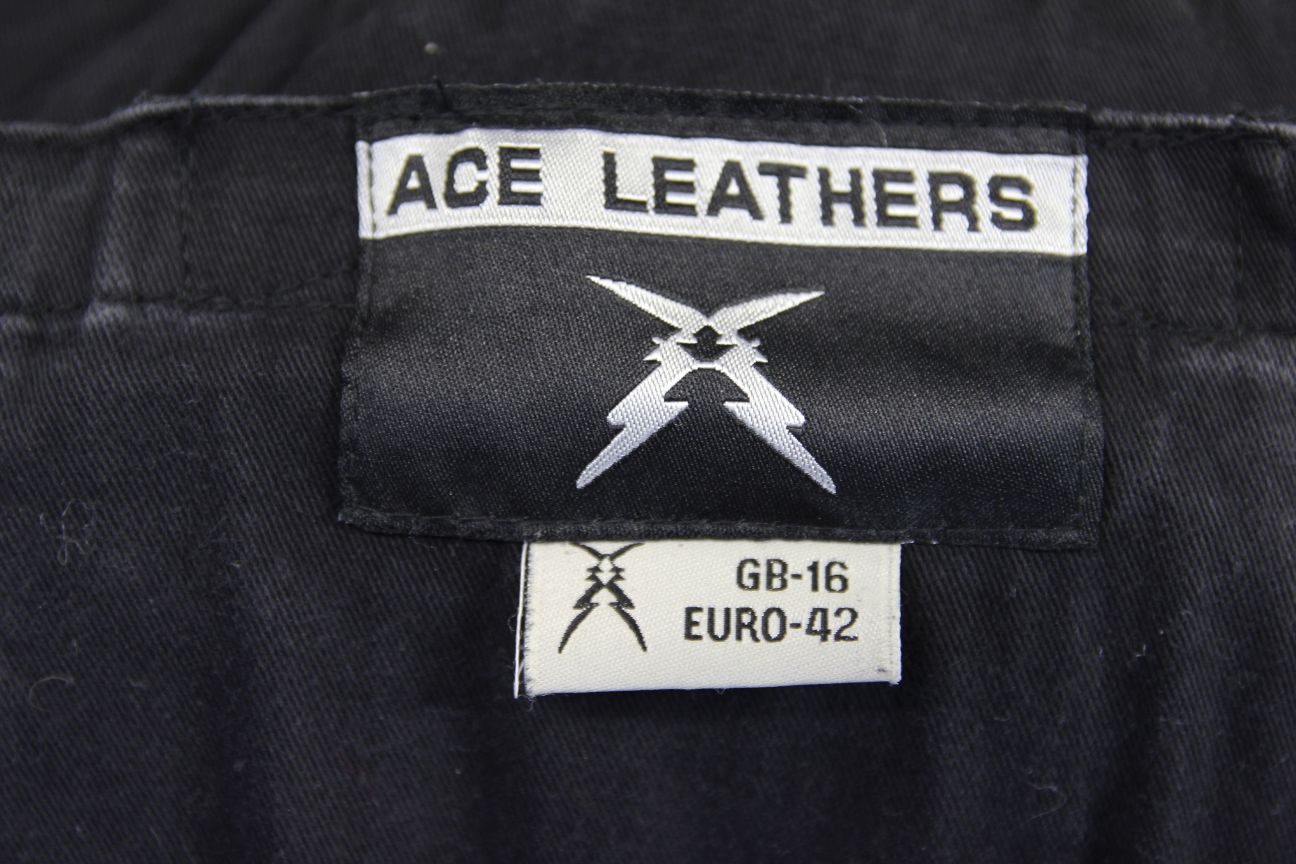 ACE LEATHERS BLACK & SILVER BIKER JACKET WITH REMOVABLE CE ARMOUR: SIZE 12-14