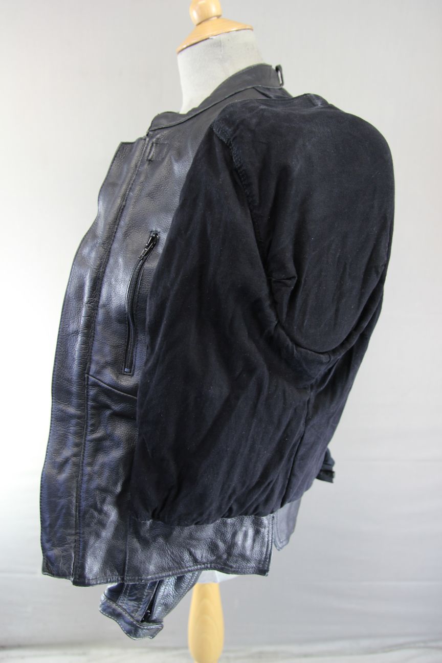 ACE LEATHERS BLACK & SILVER BIKER JACKET WITH REMOVABLE CE ARMOUR: SIZE 12-14
