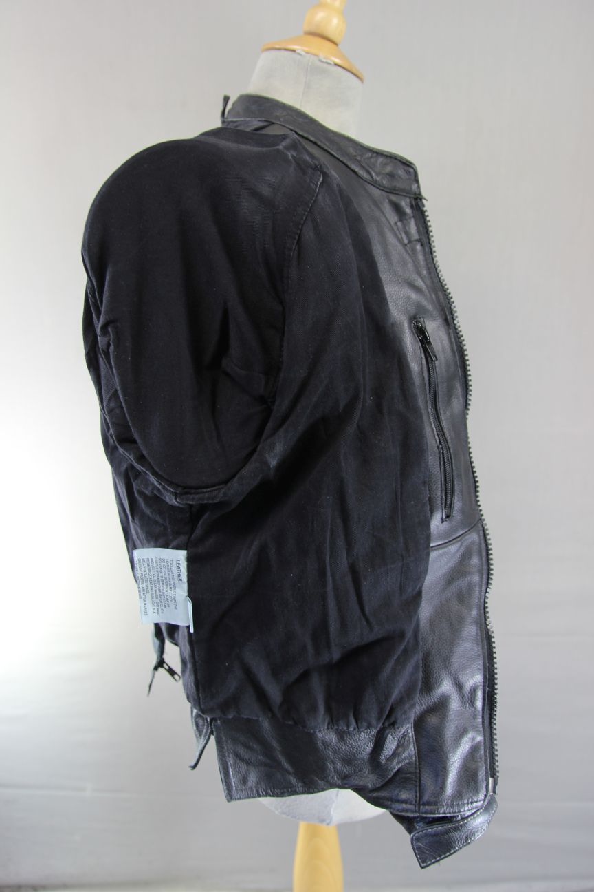 ACE LEATHERS BLACK & SILVER BIKER JACKET WITH REMOVABLE CE ARMOUR: SIZE 12-14