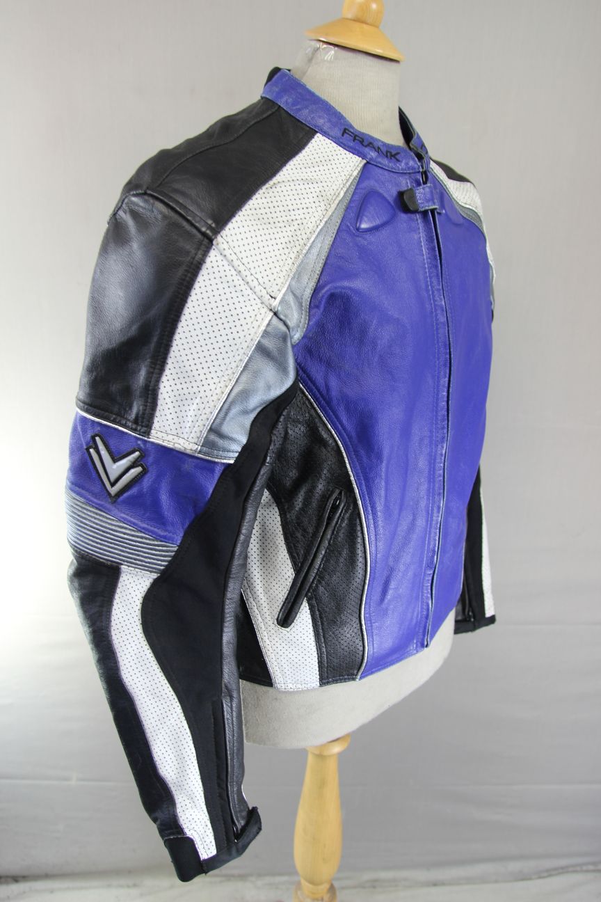 FRANK THOMAS BLUE, BLACK, WHITE & SILVER LEATHER BIKER JCKT WITH PROTECTORS 40IN