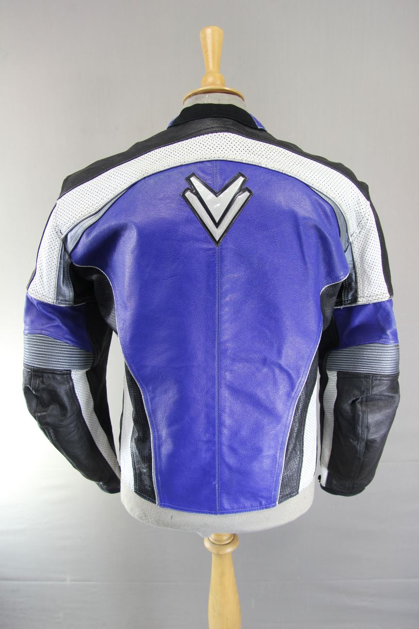 FRANK THOMAS BLUE, BLACK, WHITE & SILVER LEATHER BIKER JCKT WITH PROTECTORS 40IN