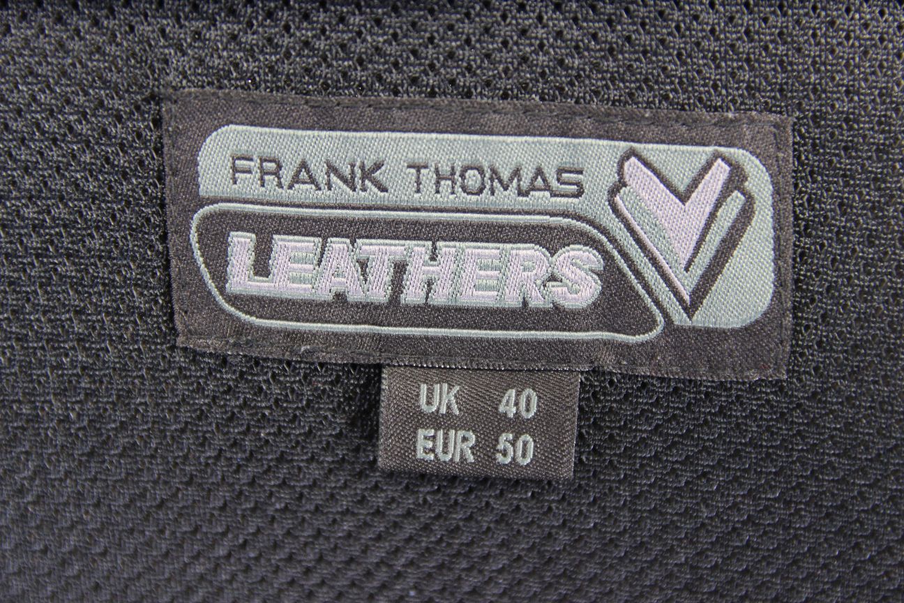 FRANK THOMAS BLUE, BLACK, WHITE & SILVER LEATHER BIKER JCKT WITH PROTECTORS 40IN