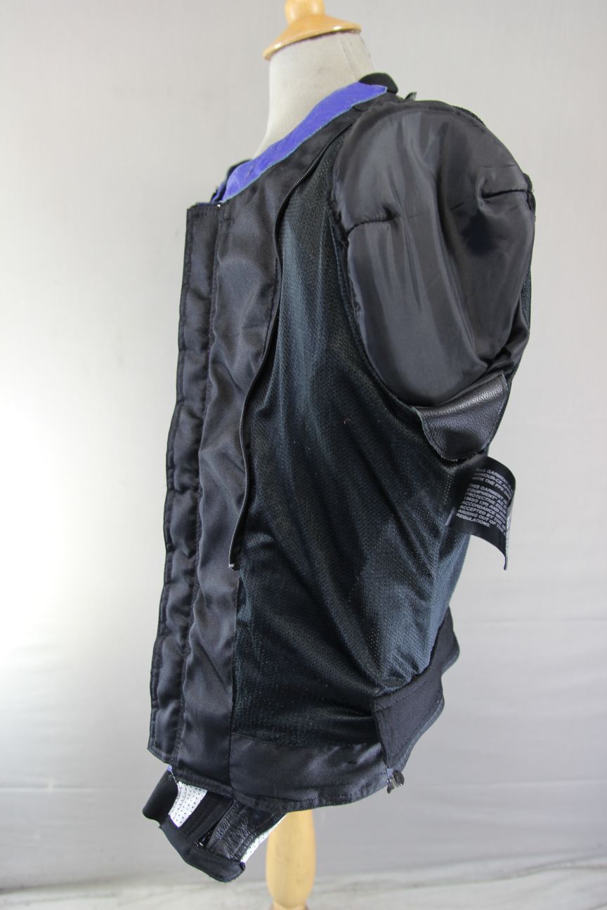 FRANK THOMAS BLUE, BLACK, WHITE & SILVER LEATHER BIKER JCKT WITH PROTECTORS 40IN