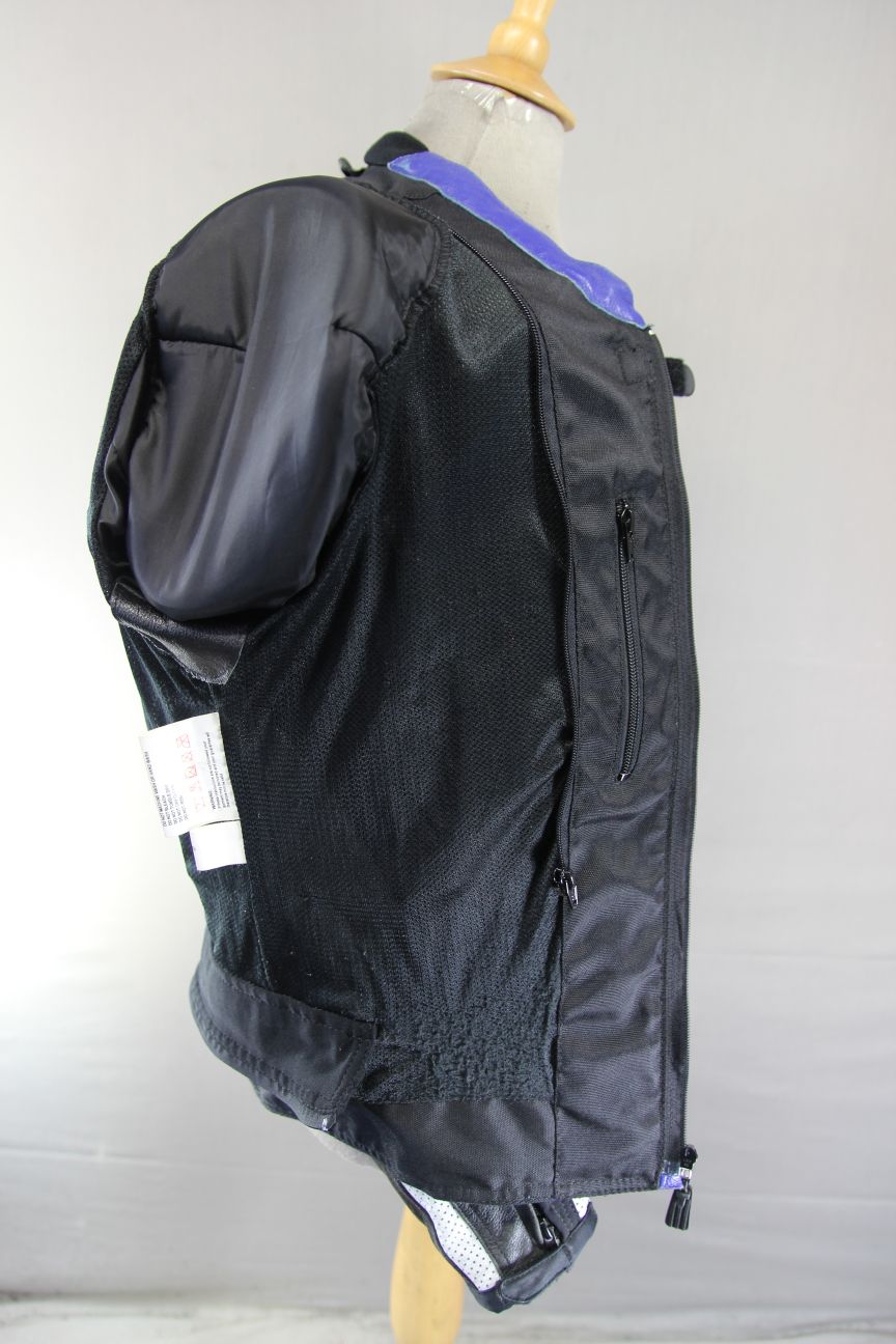 FRANK THOMAS BLUE, BLACK, WHITE & SILVER LEATHER BIKER JCKT WITH PROTECTORS 40IN