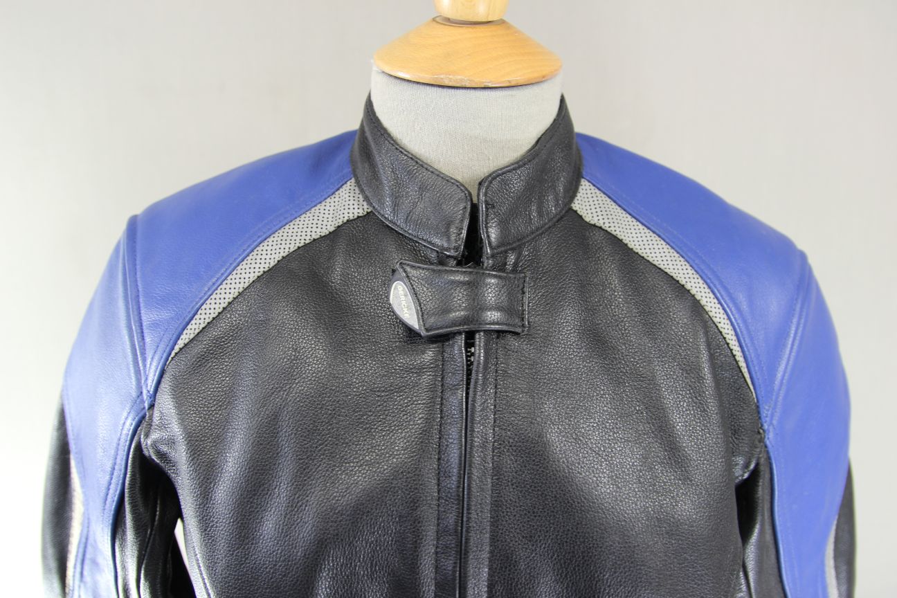 HEIN GERICKE BLACK & BLUE LEATHER BIKER JACKET WITH REMOVABLE CE ARMOUR: SIZE 8