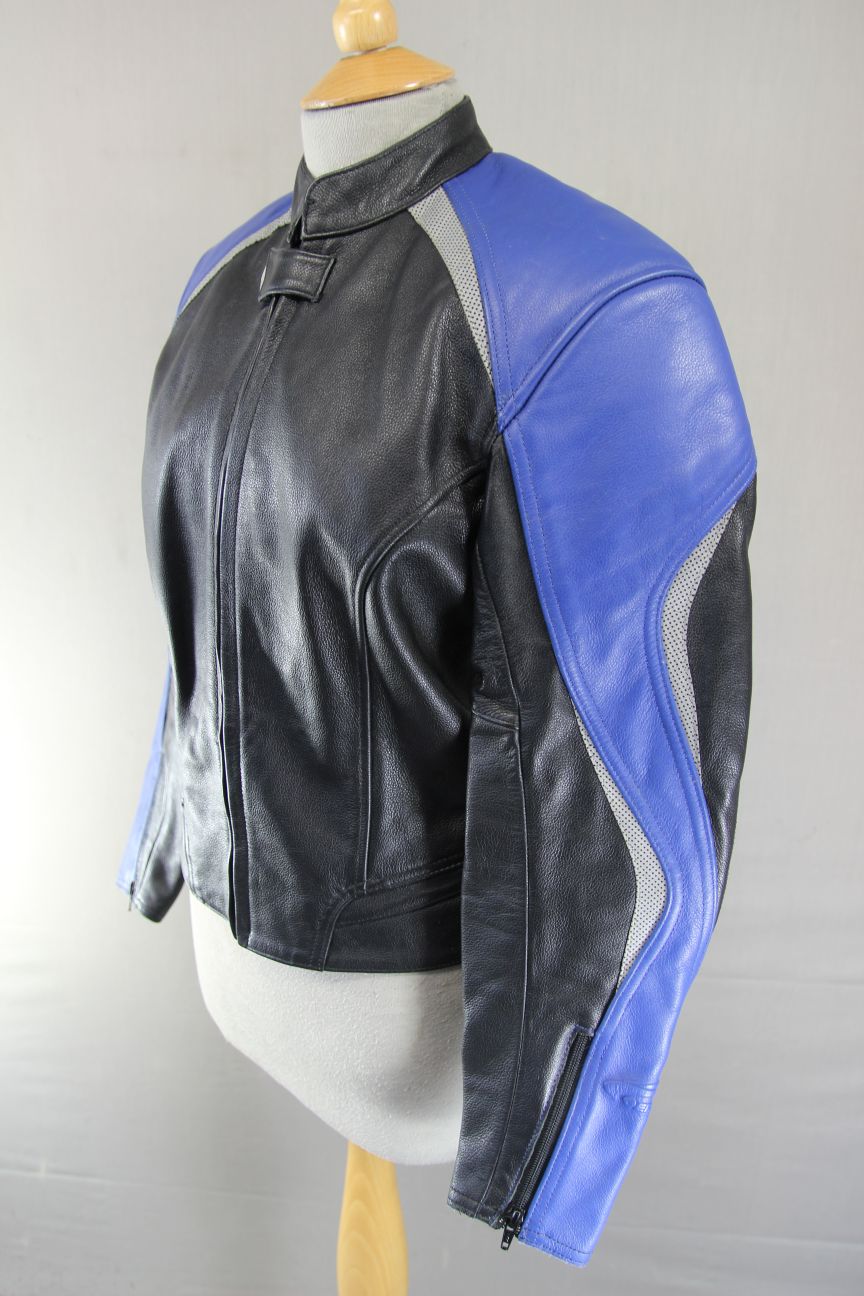 HEIN GERICKE BLACK & BLUE LEATHER BIKER JACKET WITH REMOVABLE CE ARMOUR: SIZE 8