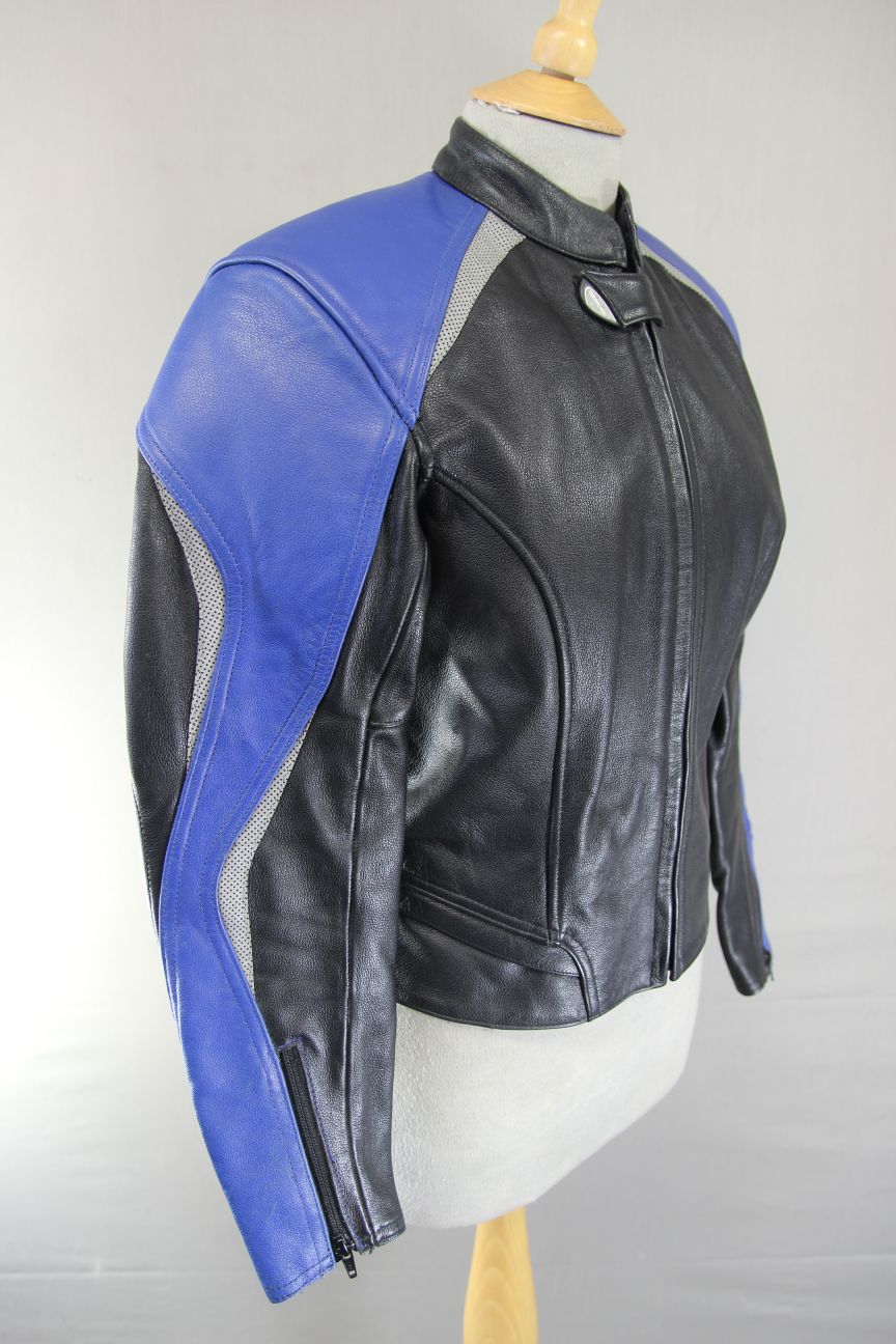 HEIN GERICKE BLACK & BLUE LEATHER BIKER JACKET WITH REMOVABLE CE ARMOUR: SIZE 8