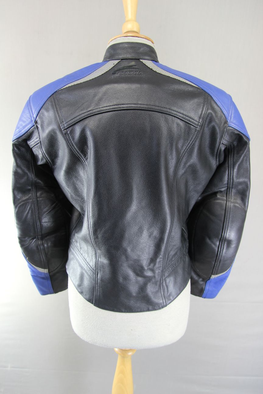 HEIN GERICKE BLACK & BLUE LEATHER BIKER JACKET WITH REMOVABLE CE ARMOUR: SIZE 8