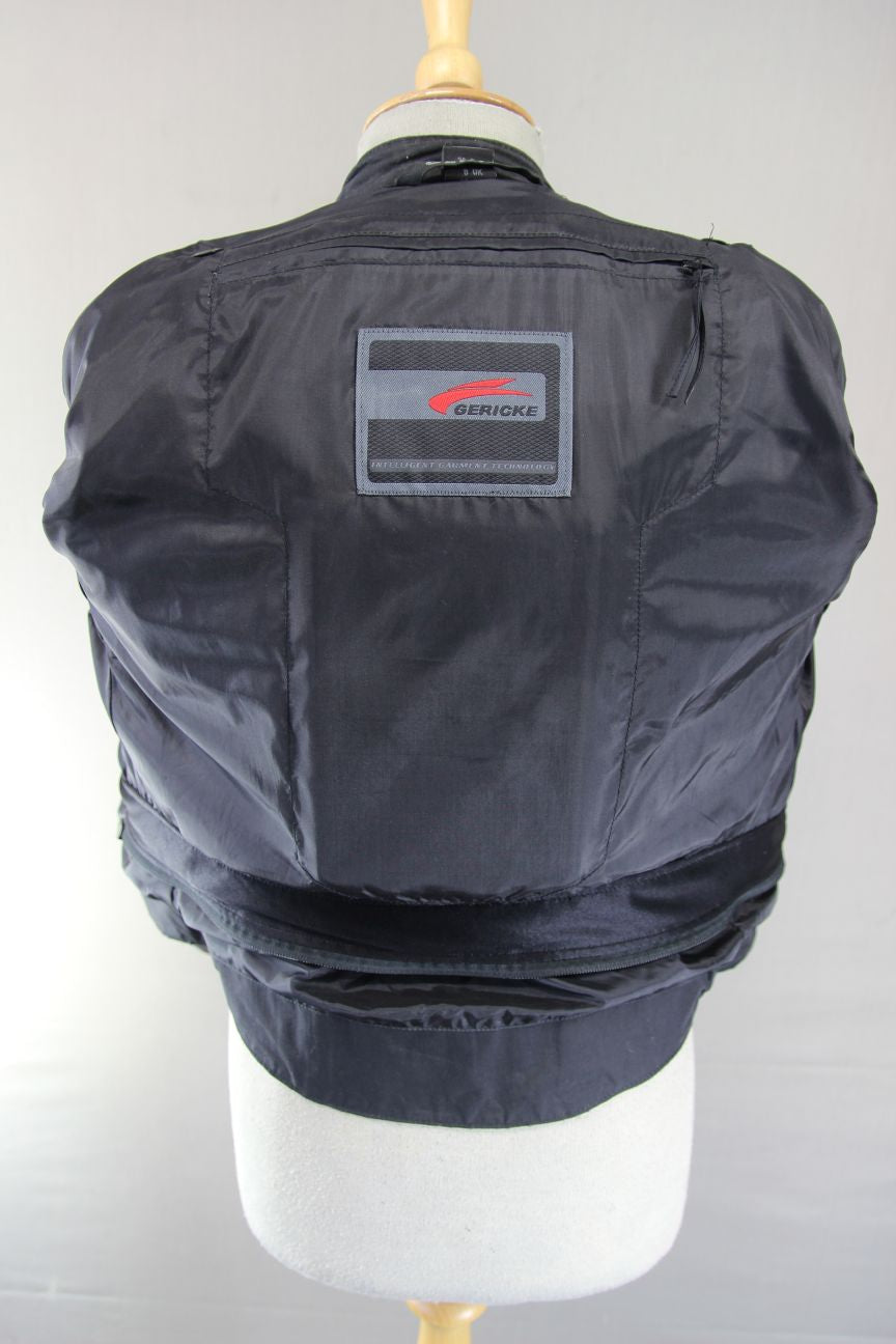 HEIN GERICKE BLACK & BLUE LEATHER BIKER JACKET WITH REMOVABLE CE ARMOUR: SIZE 8