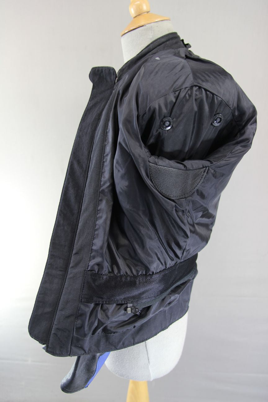 HEIN GERICKE BLACK & BLUE LEATHER BIKER JACKET WITH REMOVABLE CE ARMOUR: SIZE 8