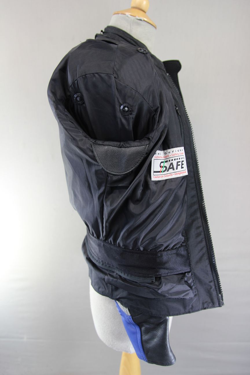 HEIN GERICKE BLACK & BLUE LEATHER BIKER JACKET WITH REMOVABLE CE ARMOUR: SIZE 8