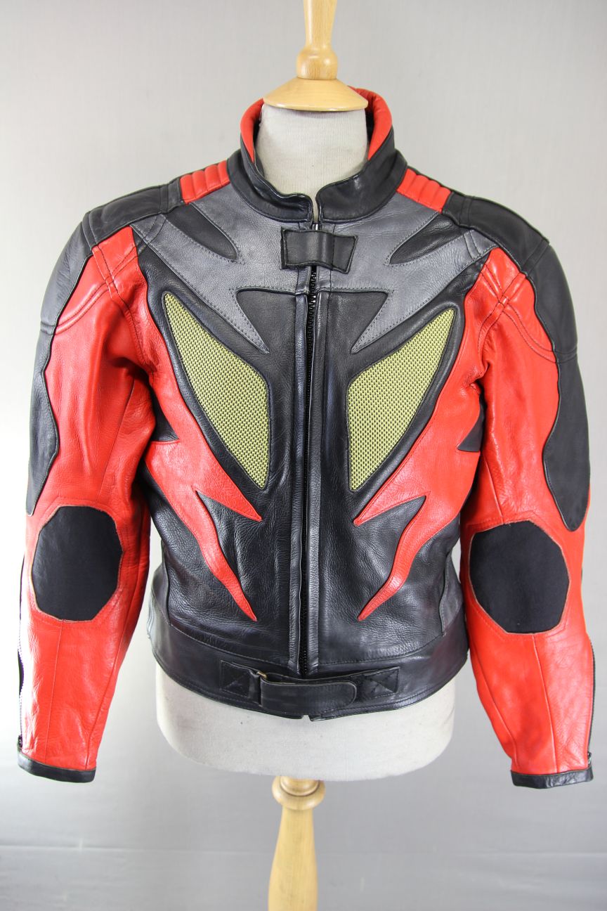 CLASSIC J&S BLACK, RED & SILVER LEATHER REFLECTIVE BIKER JACKET 40 INCH CHEST
