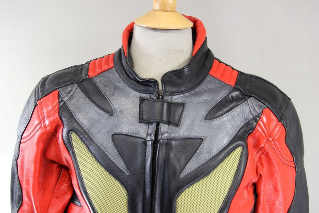 CLASSIC J&S BLACK, RED & SILVER LEATHER REFLECTIVE BIKER JACKET 40 INCH CHEST