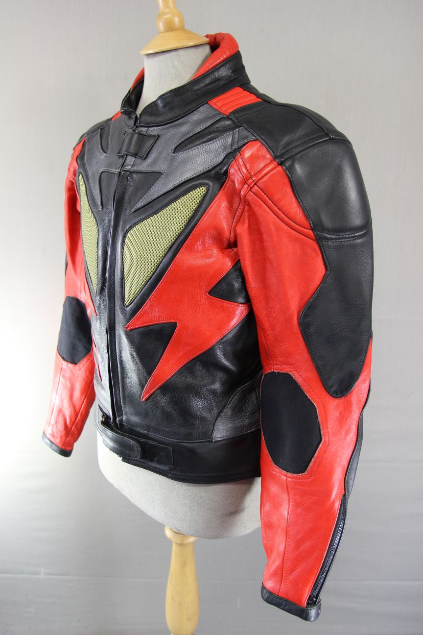 CLASSIC J&S BLACK, RED & SILVER LEATHER REFLECTIVE BIKER JACKET 40 INCH CHEST