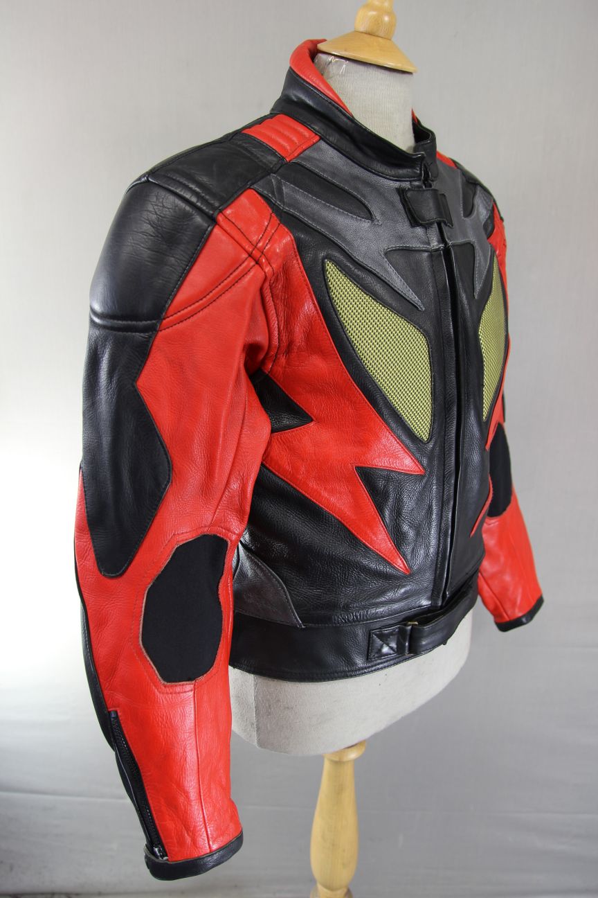 CLASSIC J&S BLACK, RED & SILVER LEATHER REFLECTIVE BIKER JACKET 40 INCH CHEST