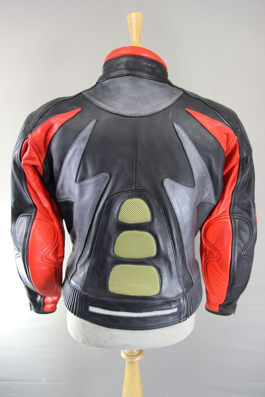 CLASSIC J&S BLACK, RED & SILVER LEATHER REFLECTIVE BIKER JACKET 40 INCH CHEST